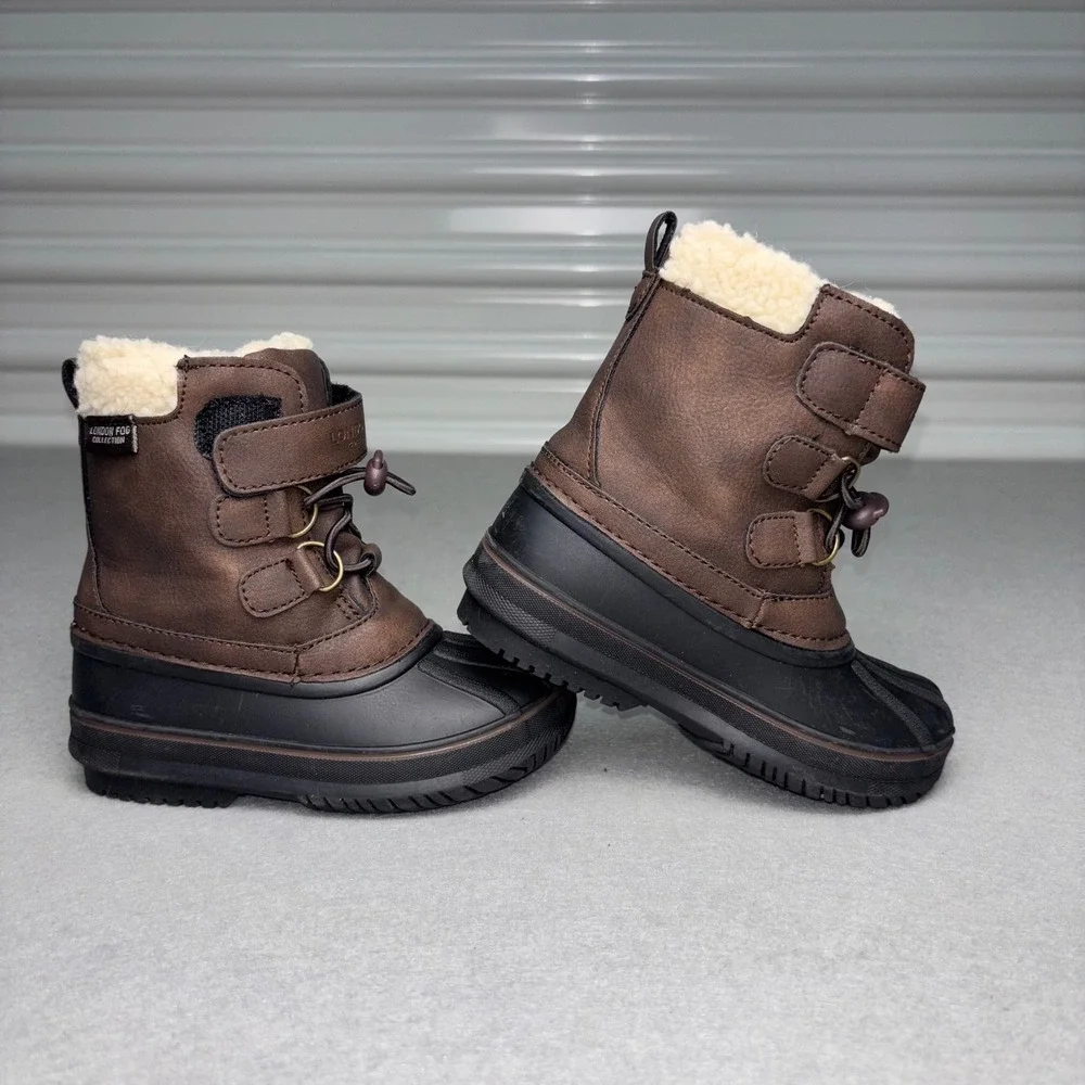 London Fog Snow Boots Kids‎ Sz 8 Brown LFK Oxford faux fur lined Water Resistant